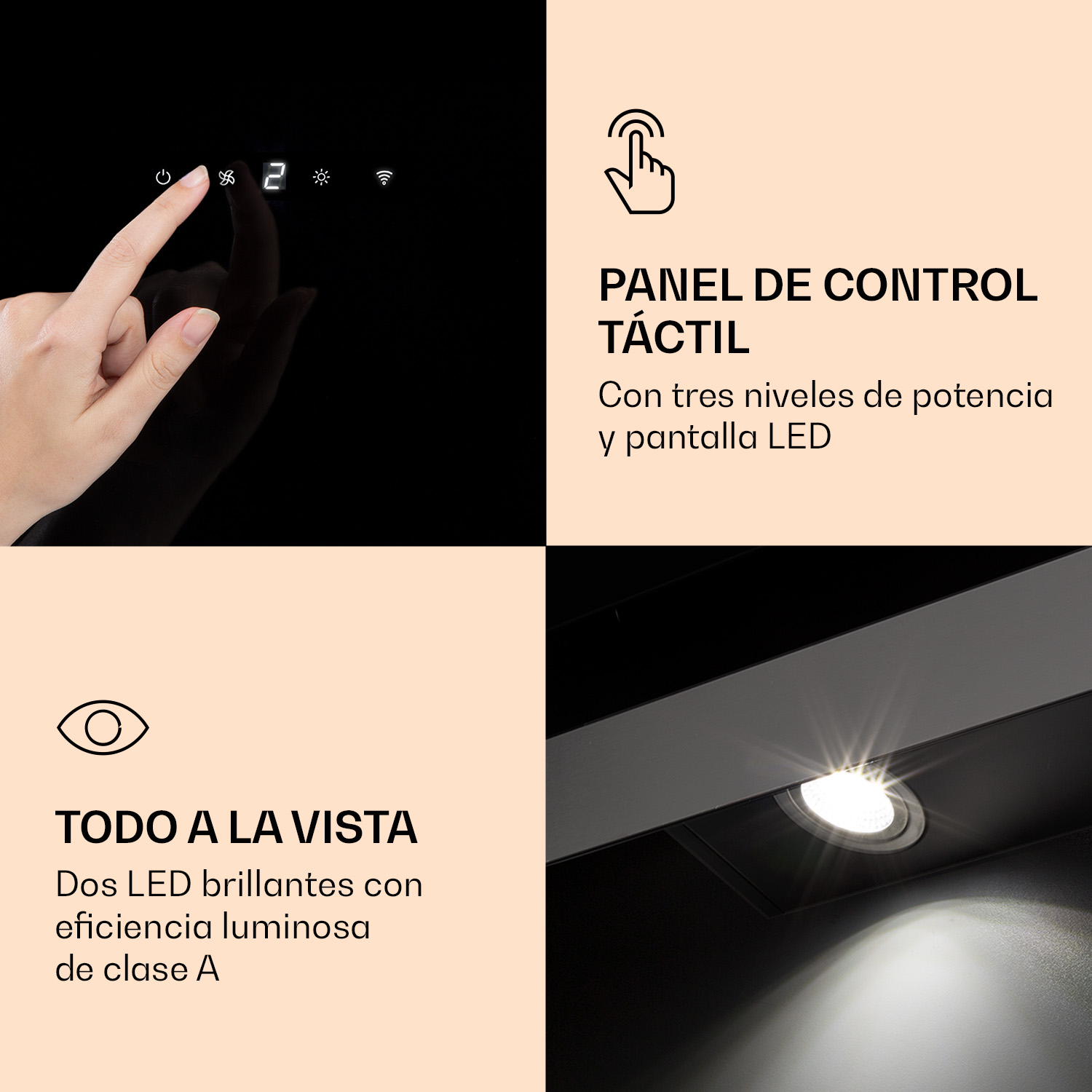 Immagine in quattro parti con interfaccia touch, schermo LED, testo e una plafoniera illuminata.