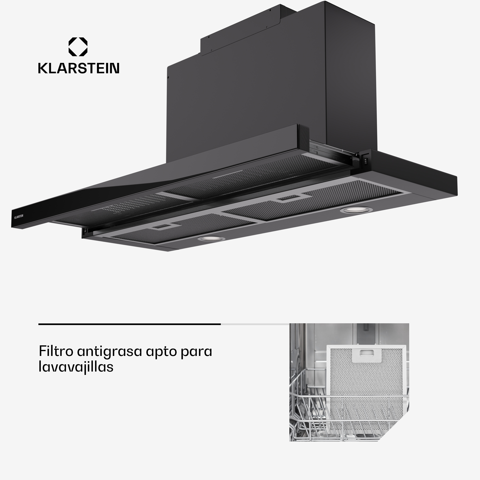 Schwarze Klarstein Dunstabzugshaube mit abnehmbarem Fettfilter in der Spülmaschine.