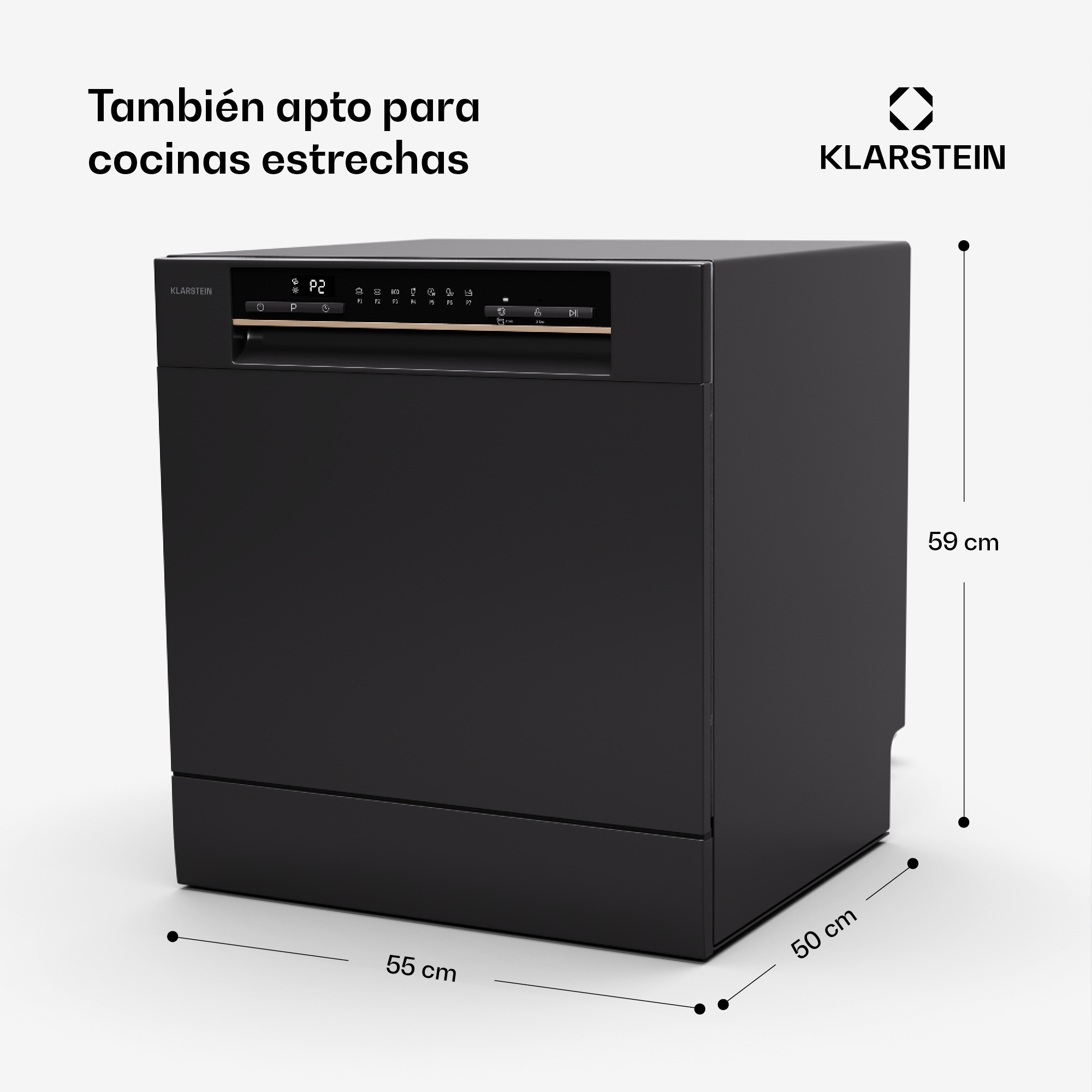 Lavastoviglie nera Klarstein di dimensioni 55x50x59 cm con testo su sfondo bianco.