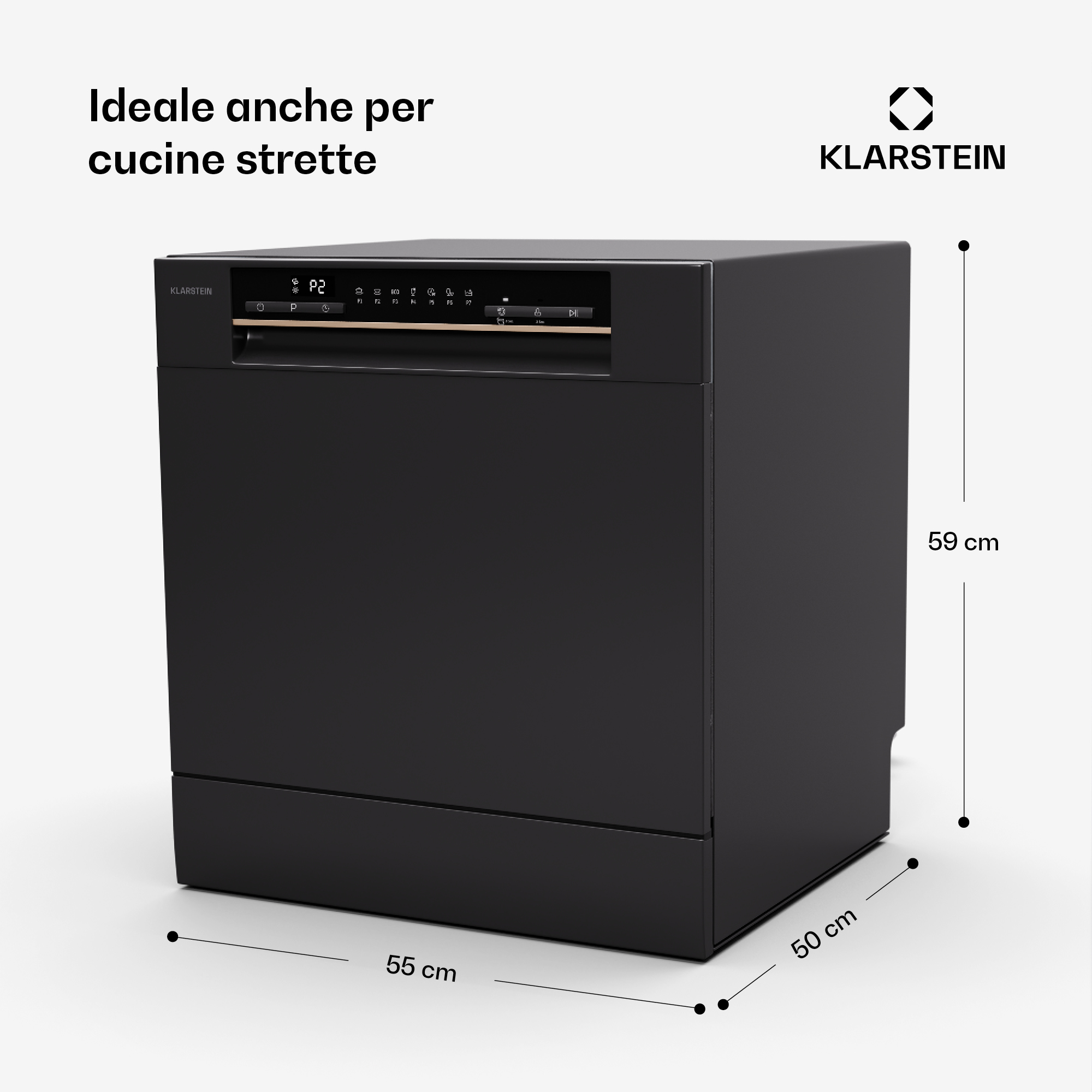 Lavastoviglie nera Klarstein con dimensioni di 55 x 50 x 59 cm su sfondo bianco.