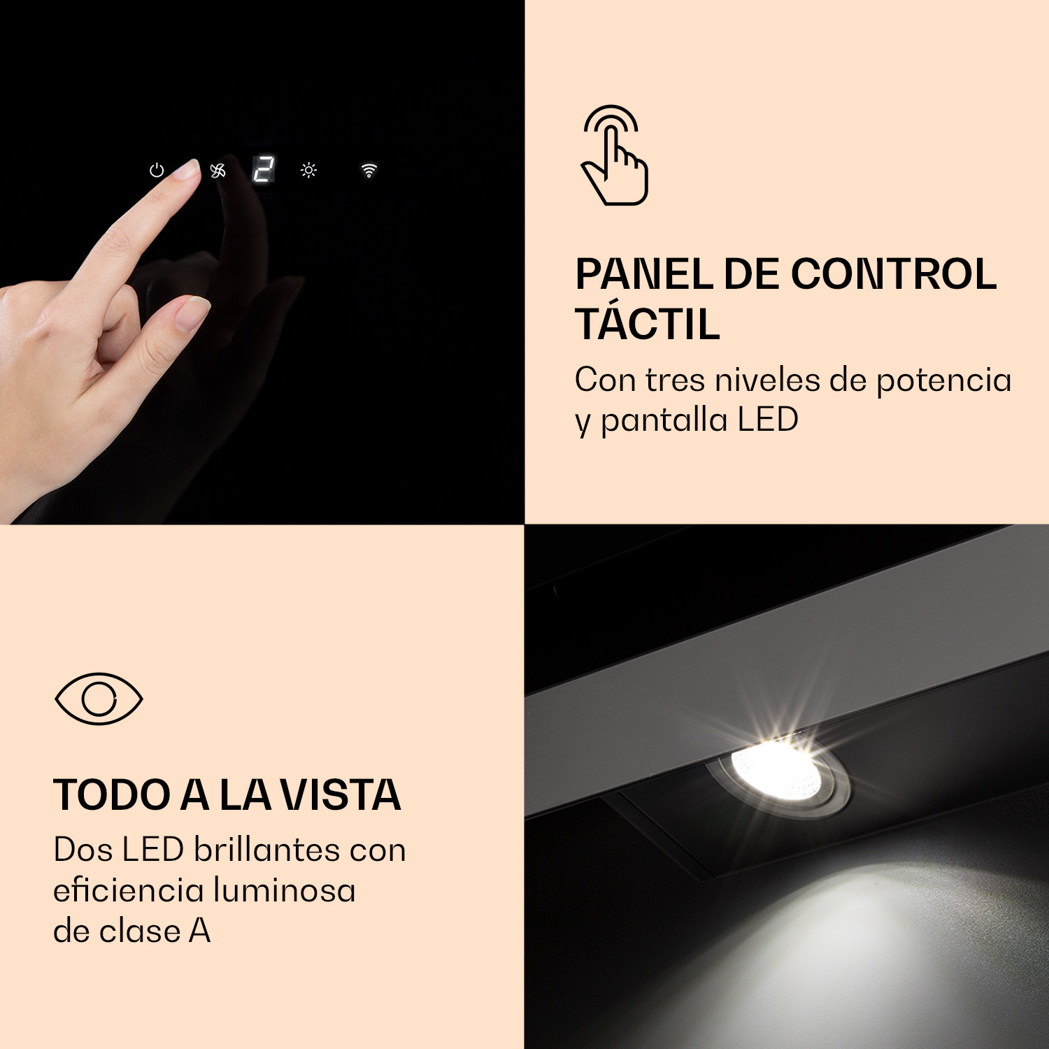 Vier Felder mit Touch-Bedienfeld, spanischem Text, einem Sicht-Symbol und einer beleuchteten LED-Leuchte.
