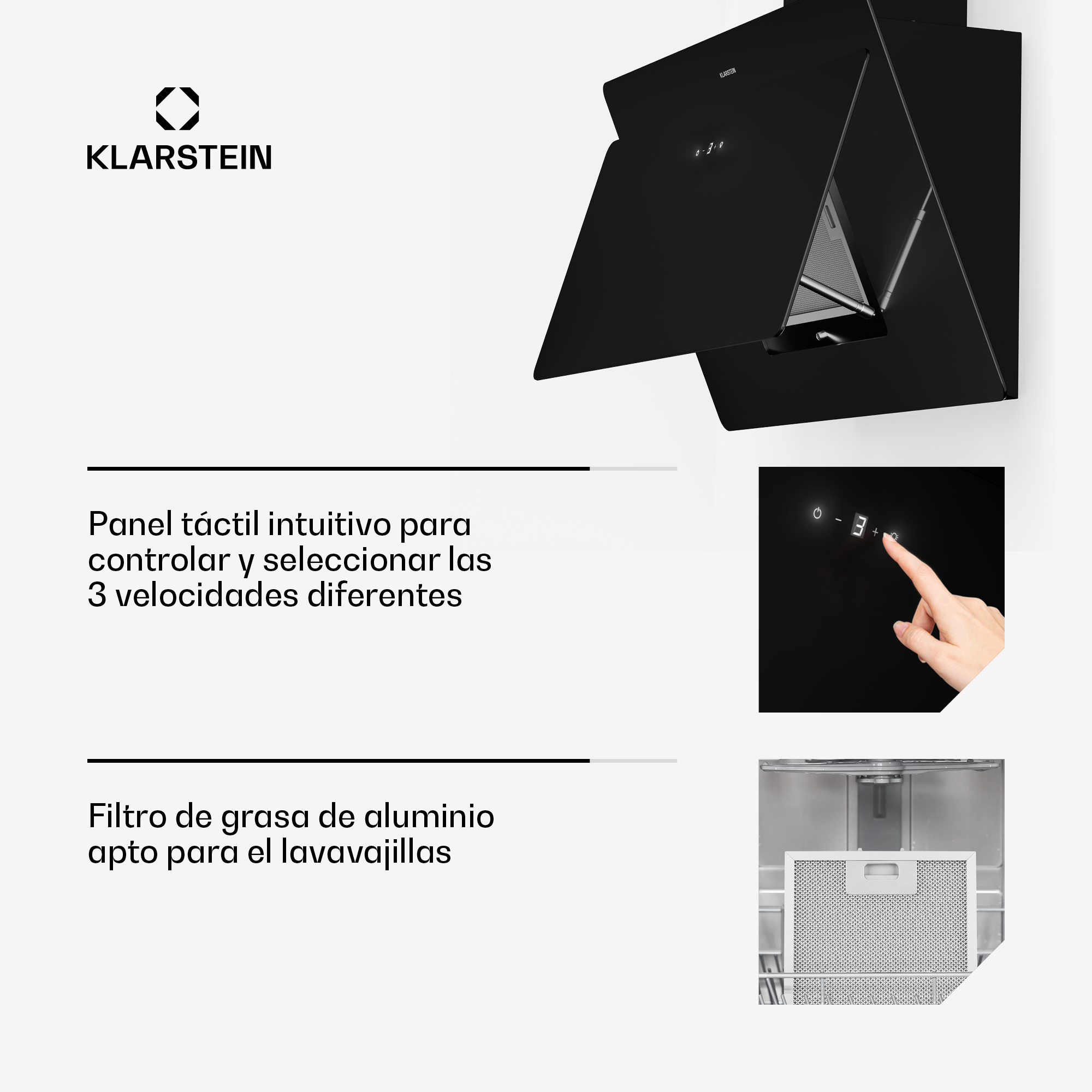 Cappa aspirante Klarstein con pannello touch e filtro grassi in alluminio lavabile in lavastoviglie.