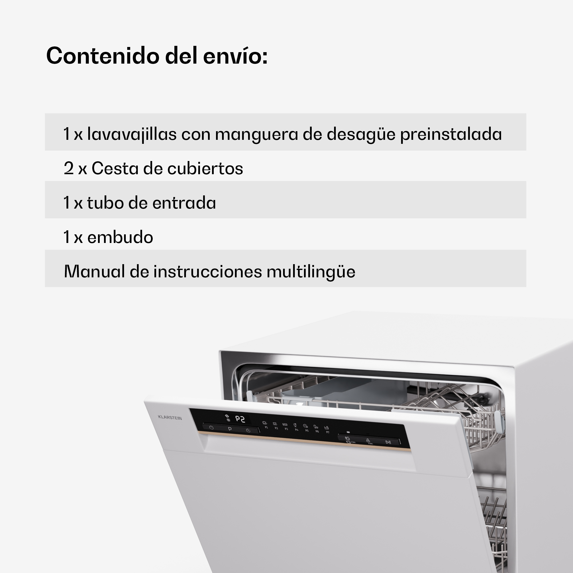 Contenuto e lavastoviglie bianca aperta con pannello di controllo.