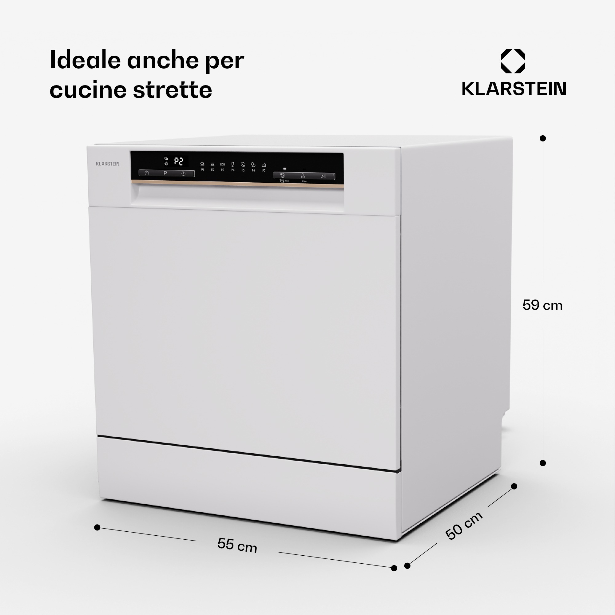 Lavastoviglie bianca compatta Klarstein con indicatori di misura di 55x59x50 cm.