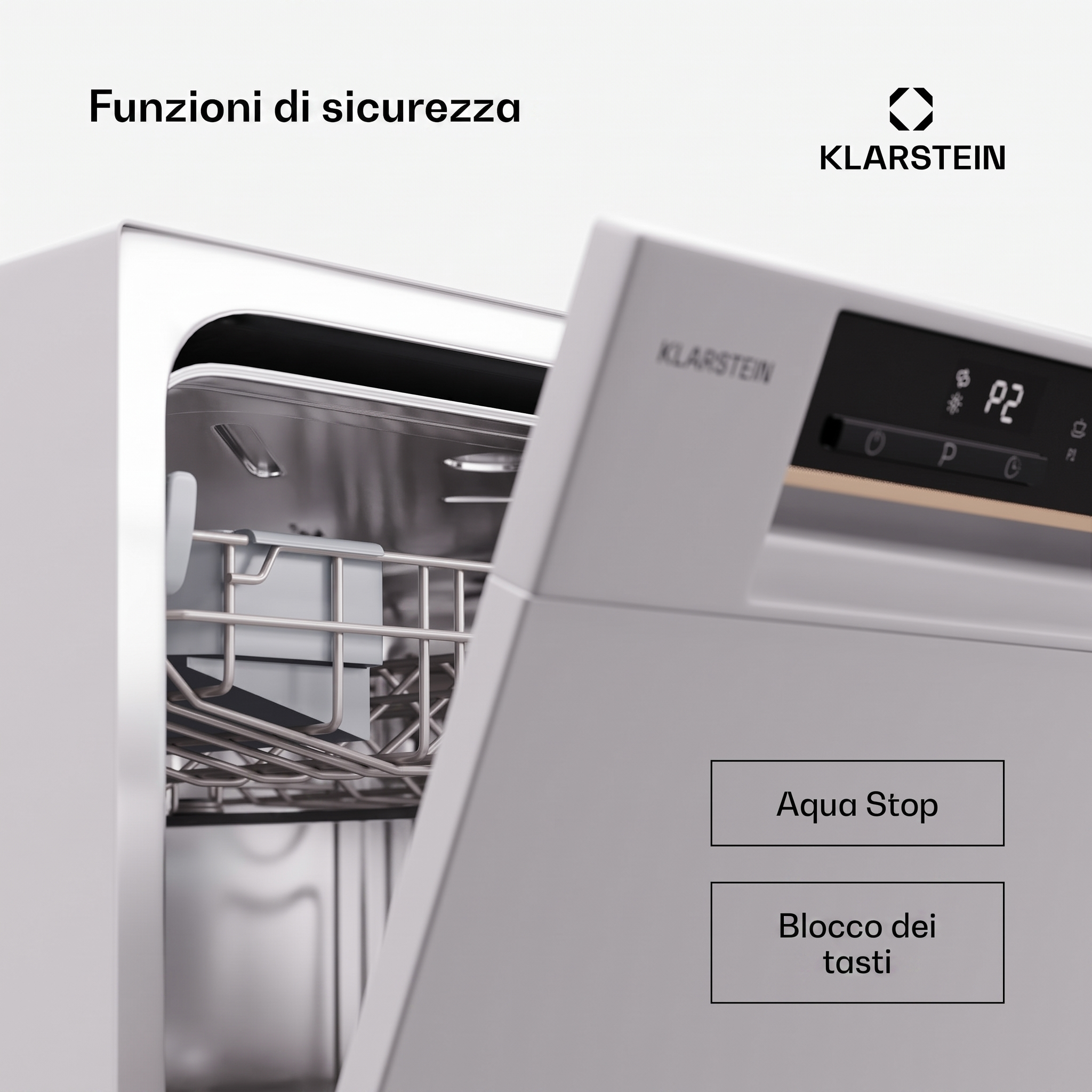 Lavastoviglie Klarstein con porta aperta, cestello superiore e funzioni di sicurezza come Aqua Stop e blocco tasti.