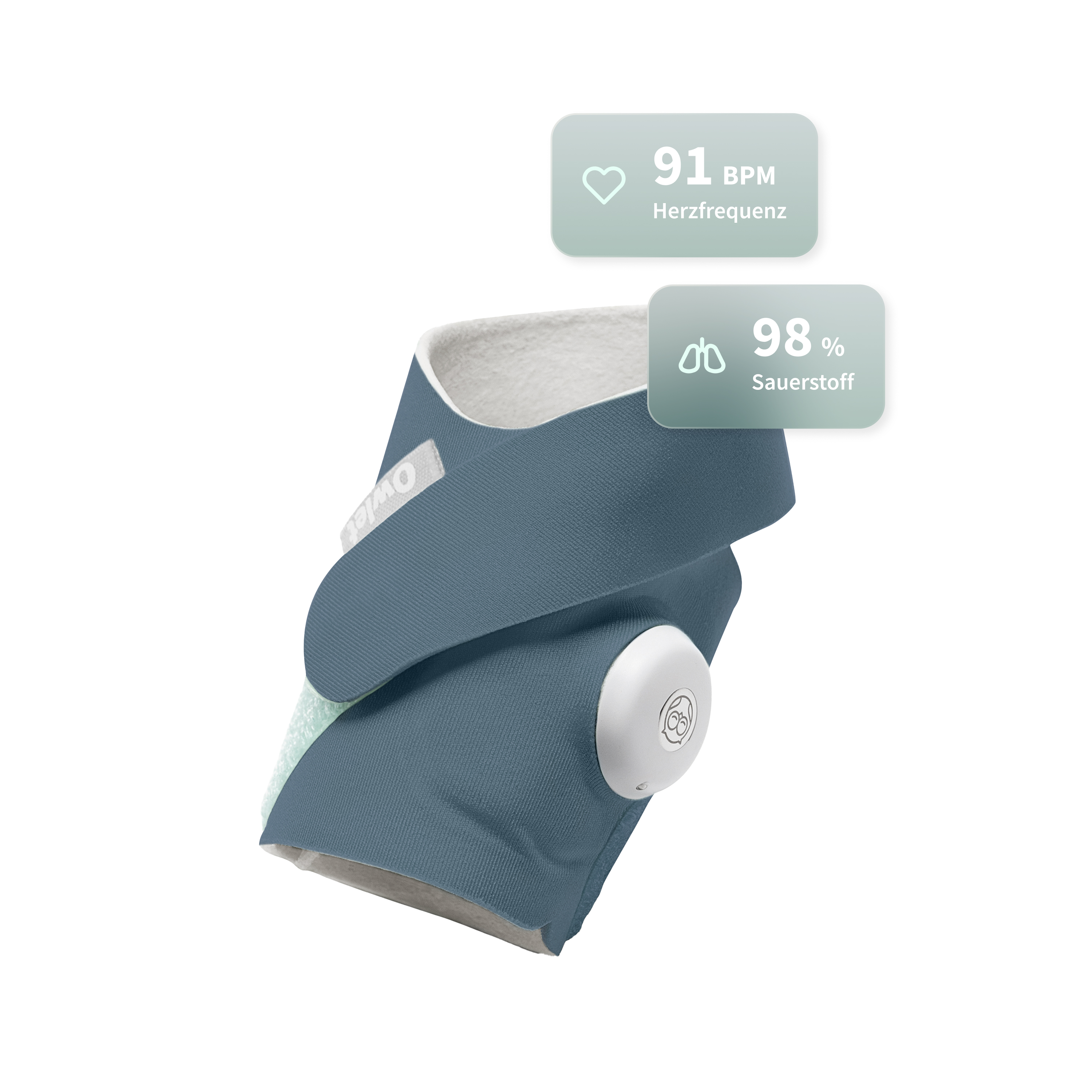 Ein blauer Babyschuh mit Sensor zeigt Herzfrequenz von 91 bpm und Sauerstoffgehalt von 98 % an.