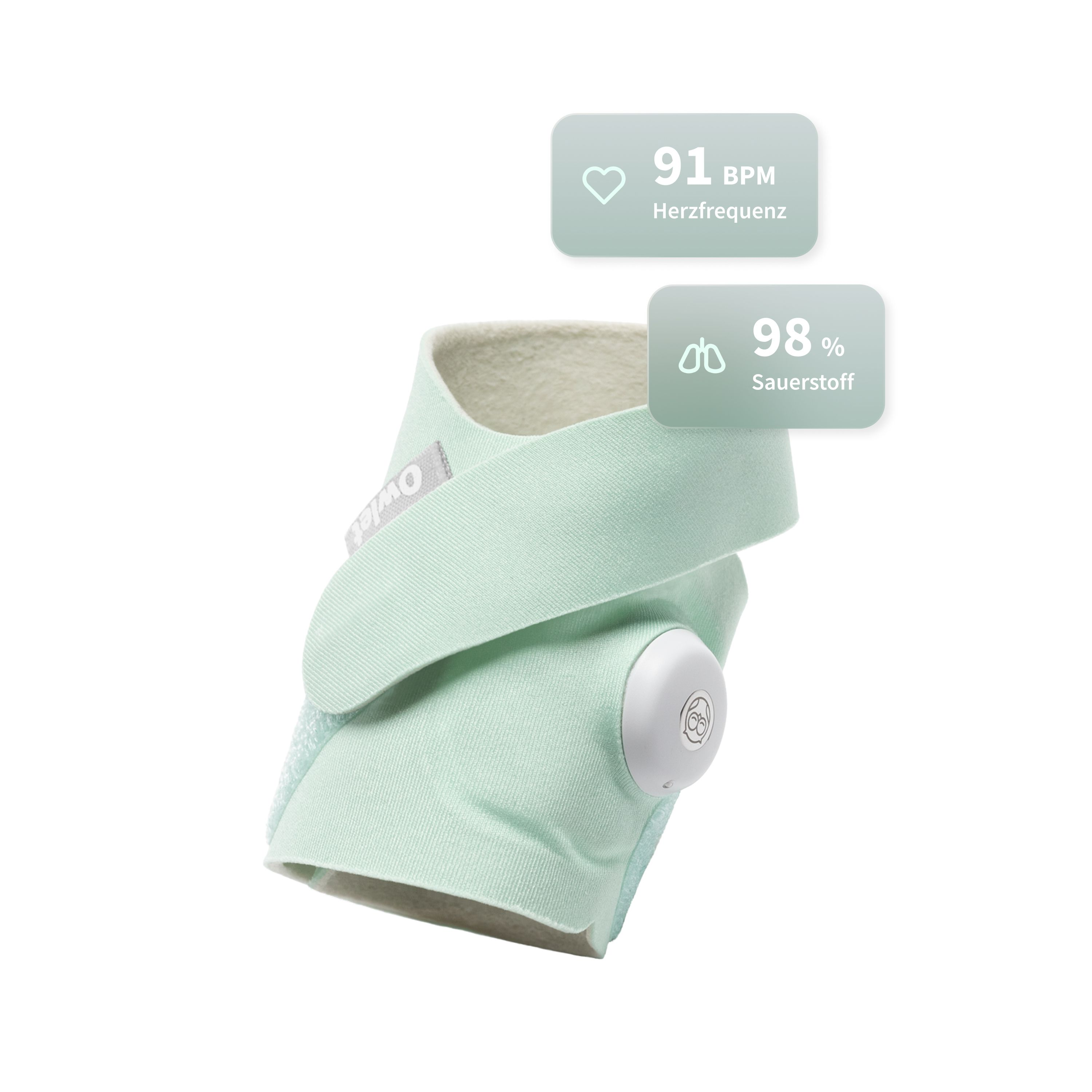 Mentholgrüner Babyschuh mit Sensor und digitalen Herzfrequenz- und Sauerstoffanzeigen.