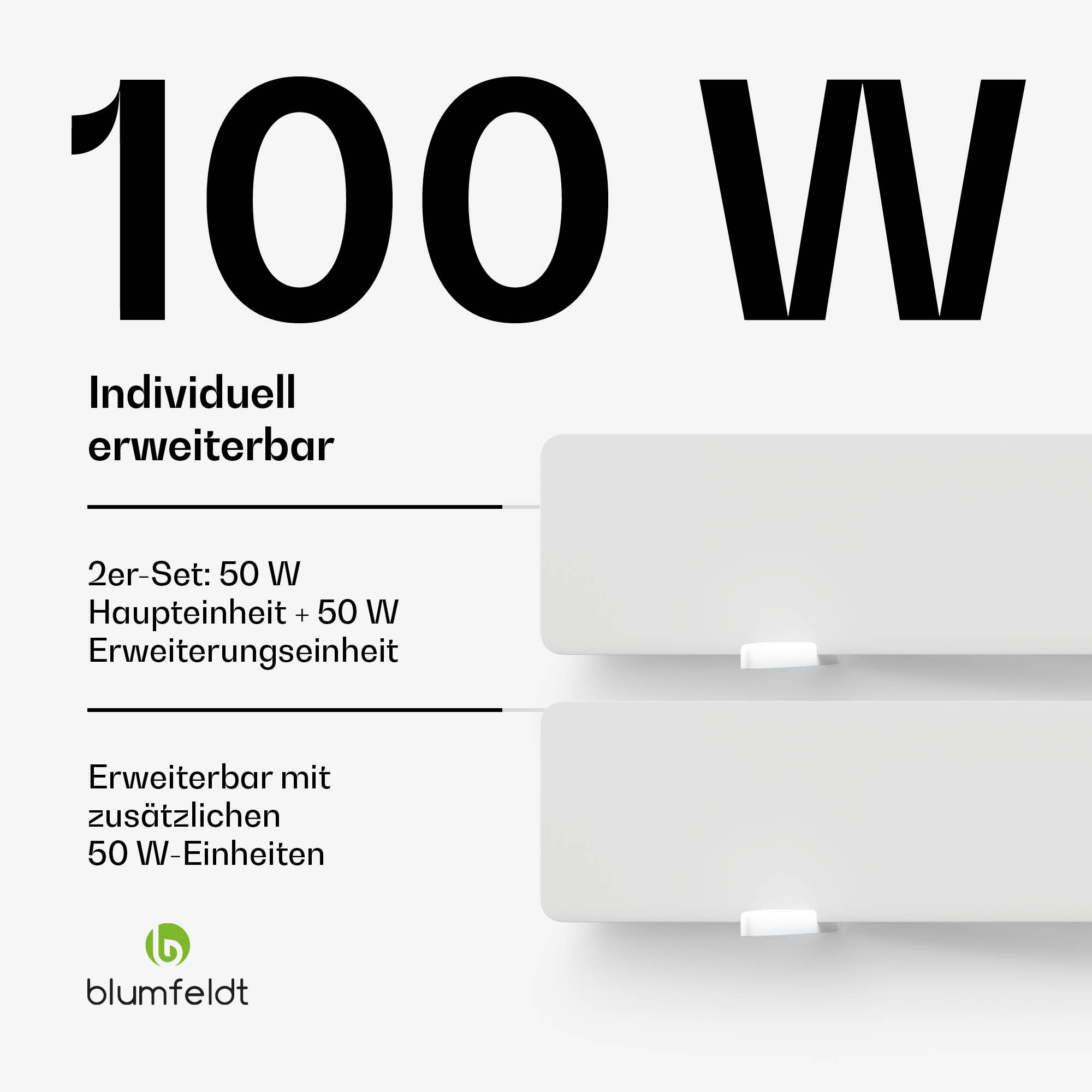 Grafik zeigt 100 W Leistung mit zwei weißen Einheiten und Text zur individuellen Erweiterbarkeit.