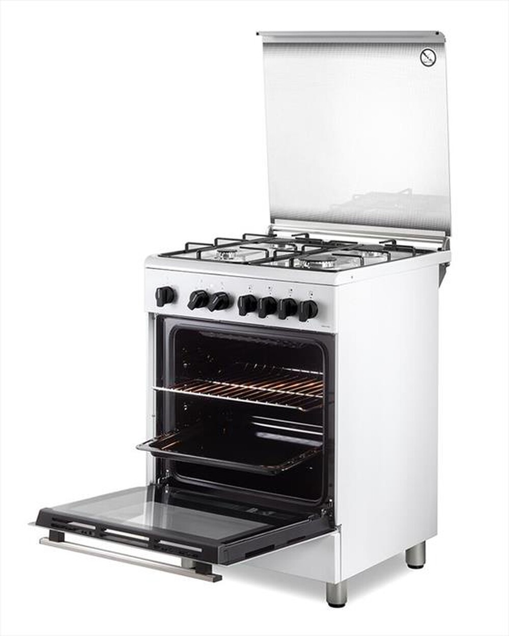 Una cucina a gas bianca con forno aperto, piano cottura e coperchio in vetro su sfondo bianco.