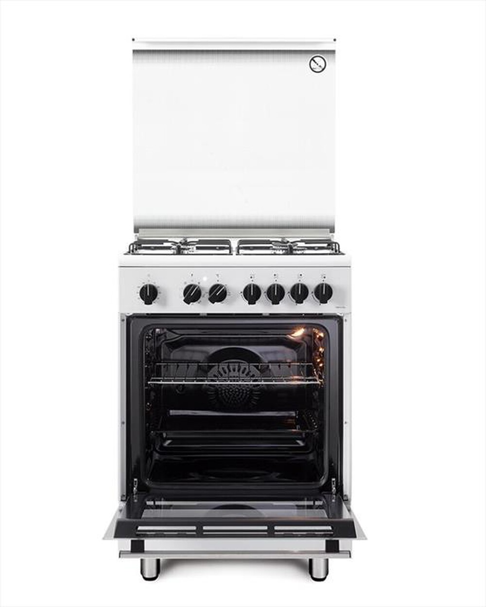 Una cucina a gas bianca indipendente con porta del forno aperta su sfondo bianco.