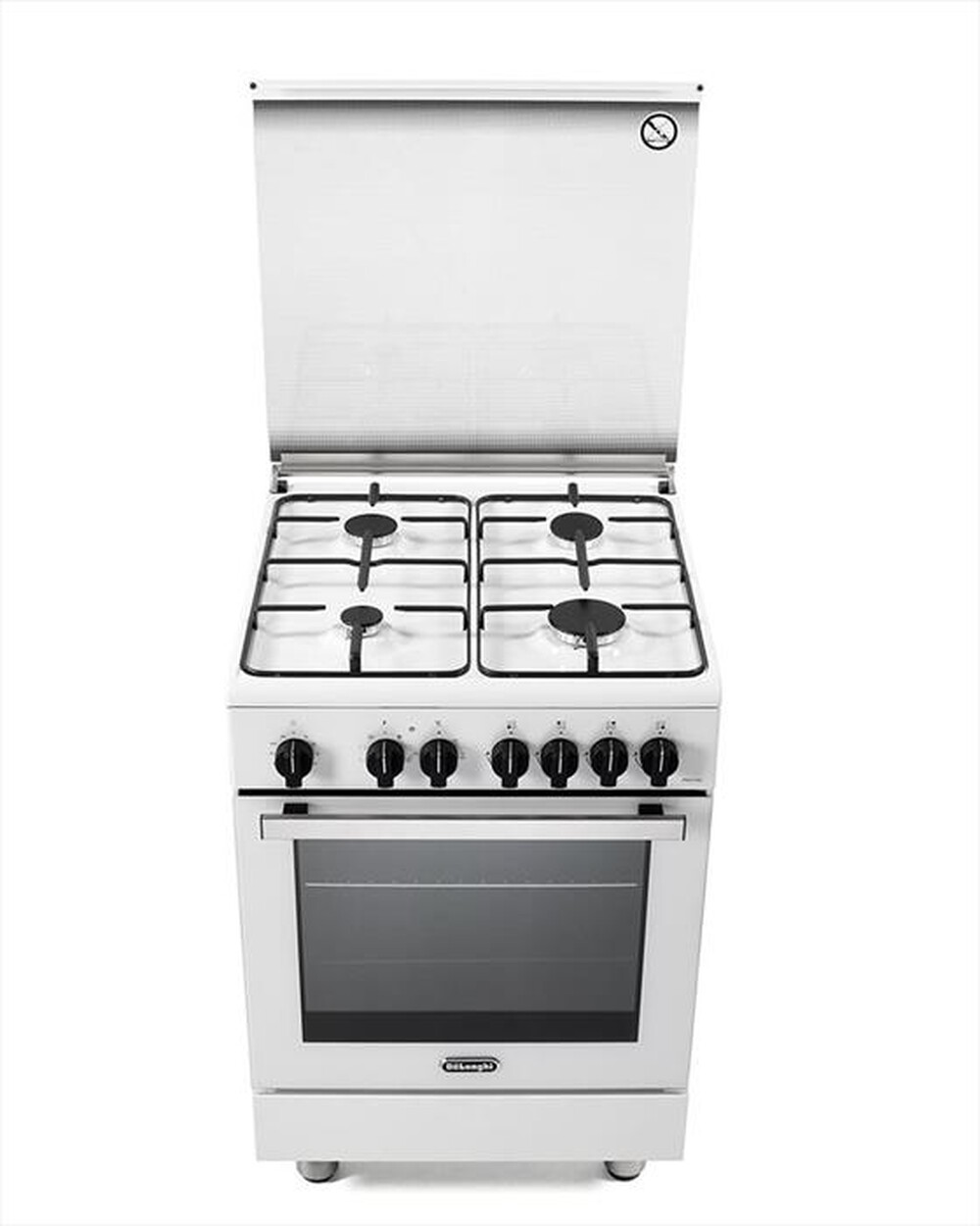 Una cucina a gas bianca con quattro fornelli, manopole nere e un grande vetro del forno.