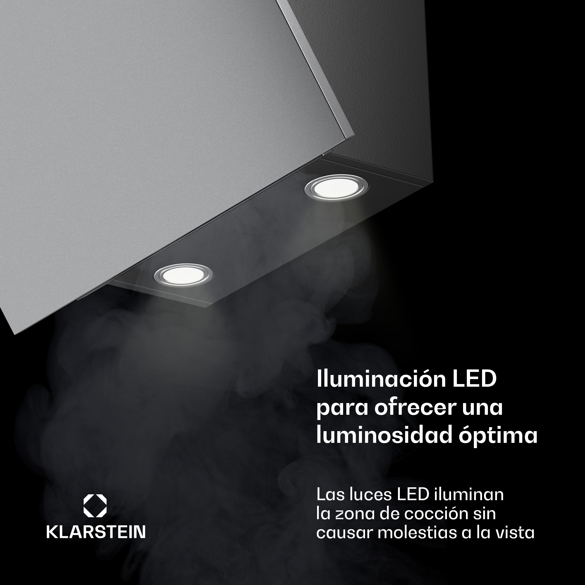 Moderne Dunstabzugshaube mit heller LED-Beleuchtung und aufsteigendem Dampf auf schwarzem Hintergrund.