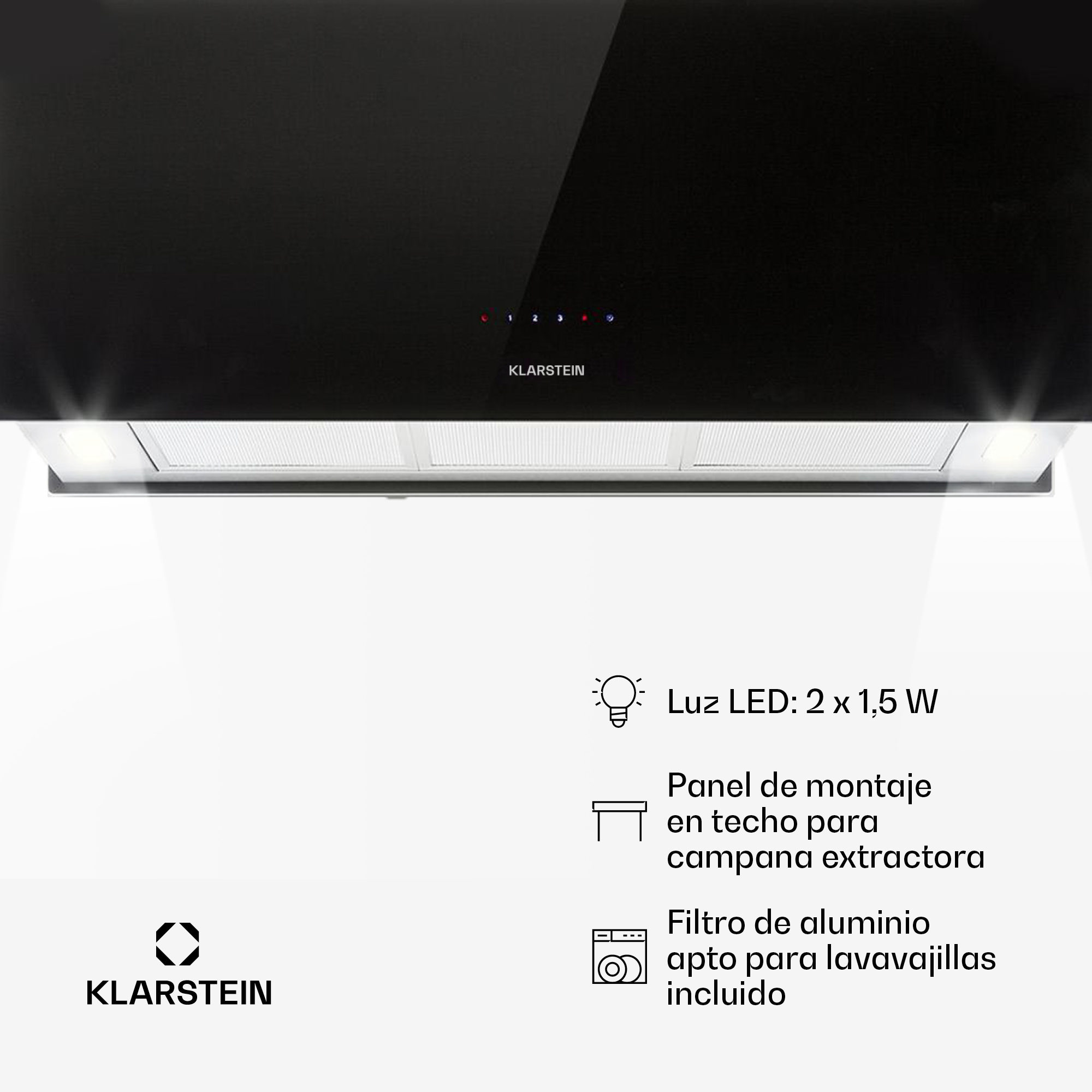 Klarstein Dunstabzugshaube mit schwarzem Glas, LED-Beleuchtung, integrierten Filtern und technischen Details.