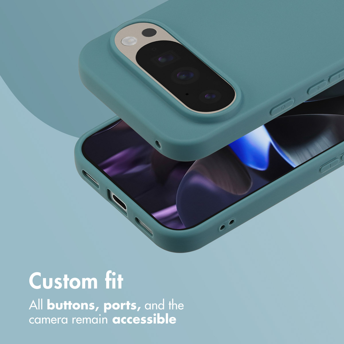 Custodia per telefono verde acqua con ritaglio per fotocamera e porte su sfondo blu.