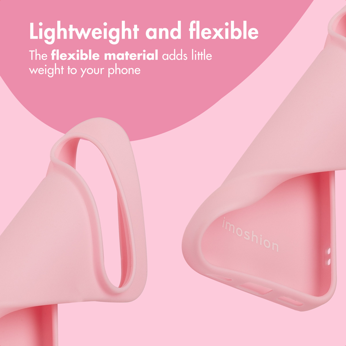 Cover per cellulare rosa con la scritta Lightweight and flexible su sfondo rosa.