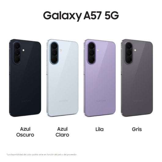 Cuatro teléfonos Galaxy A57 5G en azul oscuro, azul claro, lila y gris se muestran uno al lado del otro.