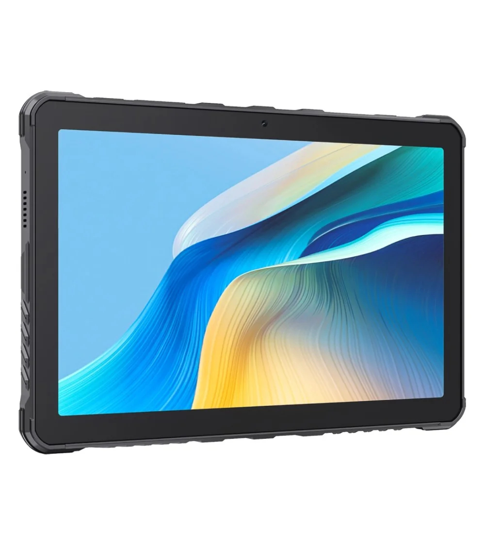 Una tableta negra resistente muestra un fondo de ondas azules y amarillas en su pantalla.