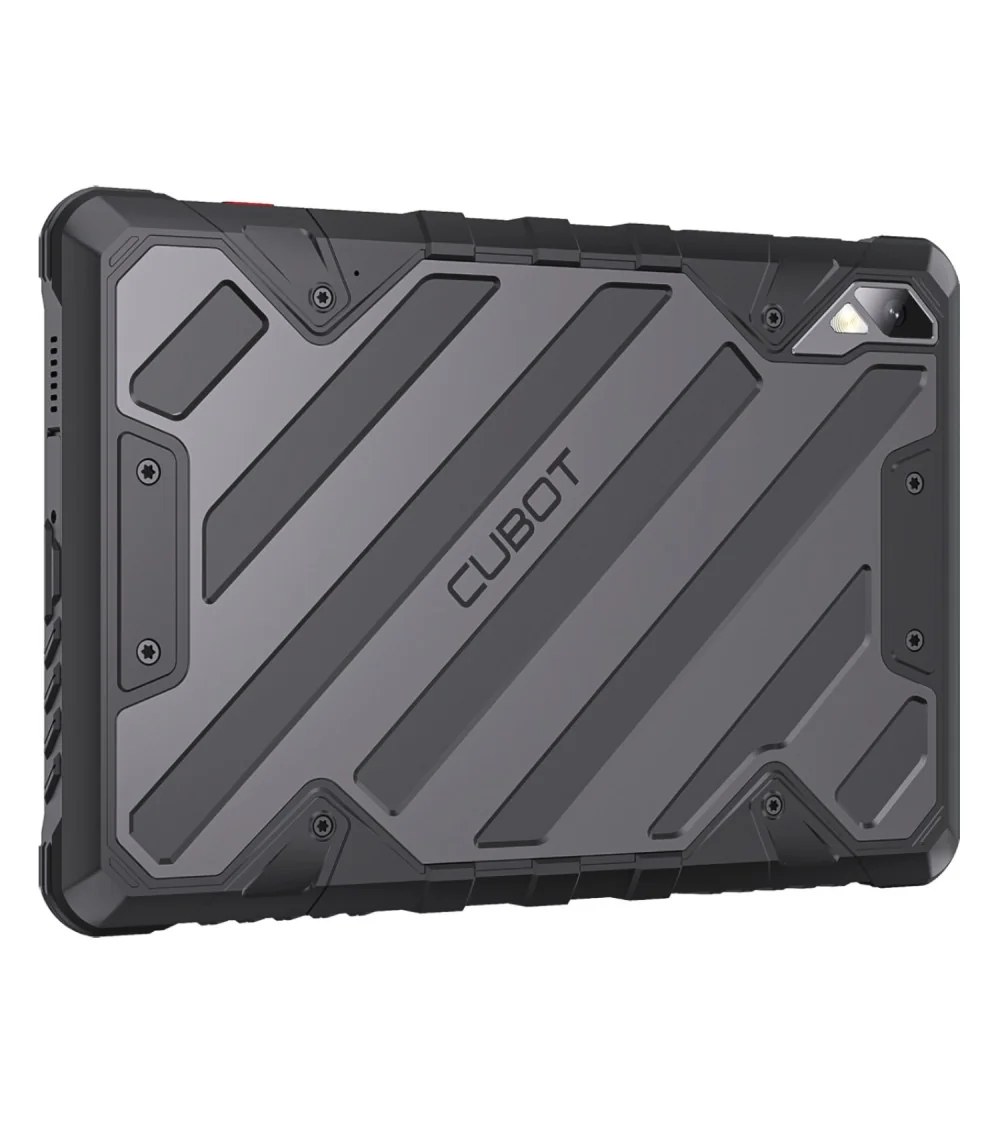 Parte trasera de una tablet Cubot negra resistente con paneles grises diagonales y refuerzos en las esquinas.