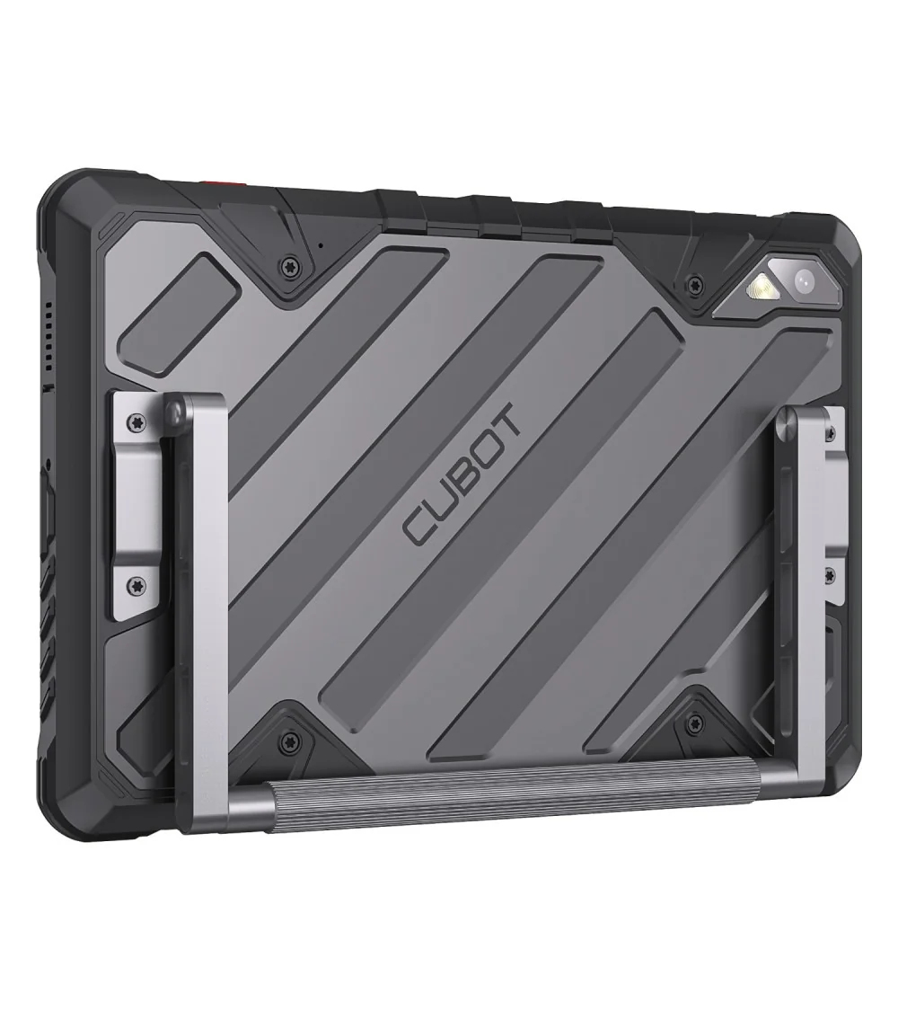 Parte trasera de una tableta gris Cubot con un asa resistente y marco protector sobre fondo blanco.