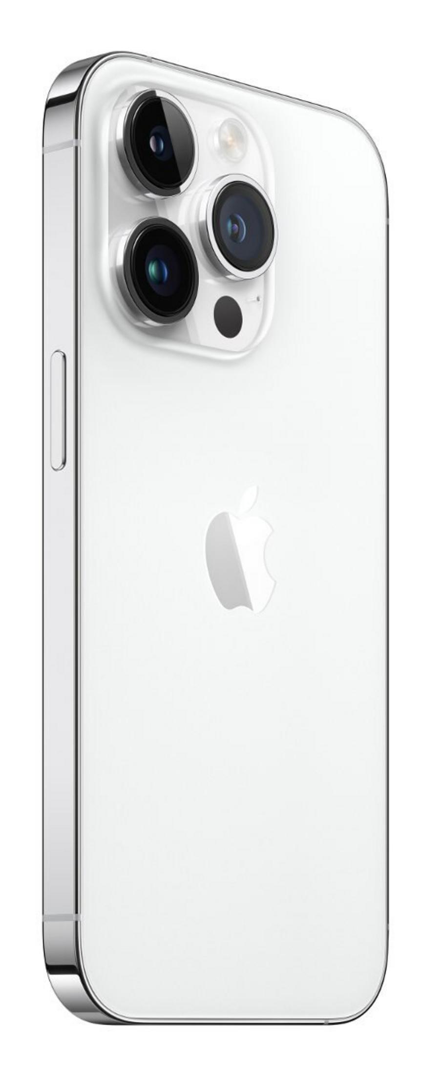 Tył białego smartfona z potrójnym aparatem i logo Apple.
