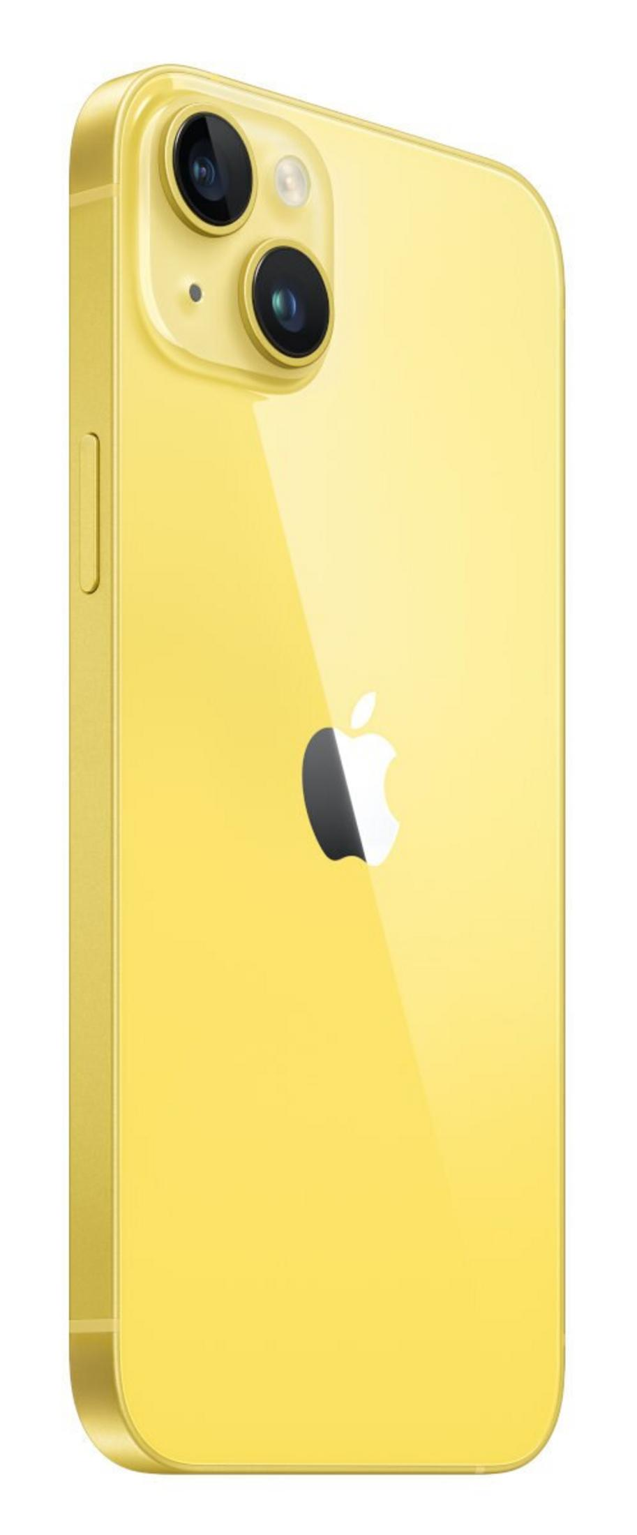Tył żółtego smartfona z dwoma aparatami i logo Apple.