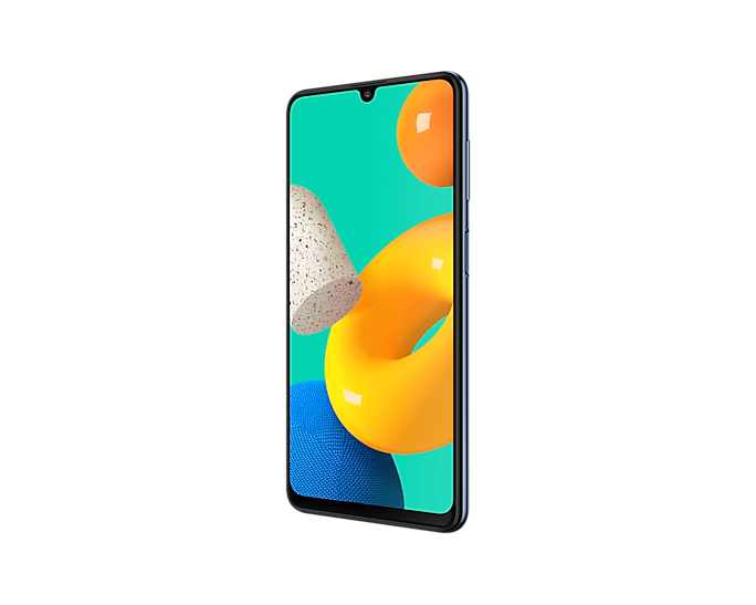 Ein Smartphone mit blauem Rahmen zeigt ein farbenfrohes Display mit abstrakten gelben und blauen Formen auf Türkis.
