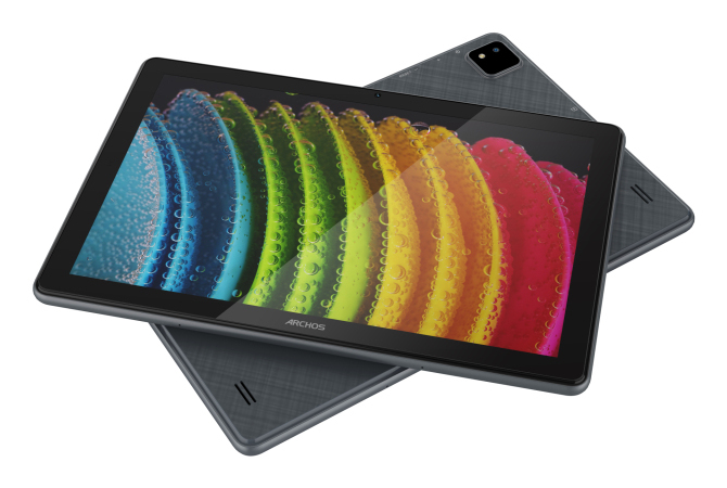 Dos tabletas Archos negras se superponen; la delantera muestra una pantalla colorida con gotas de agua.