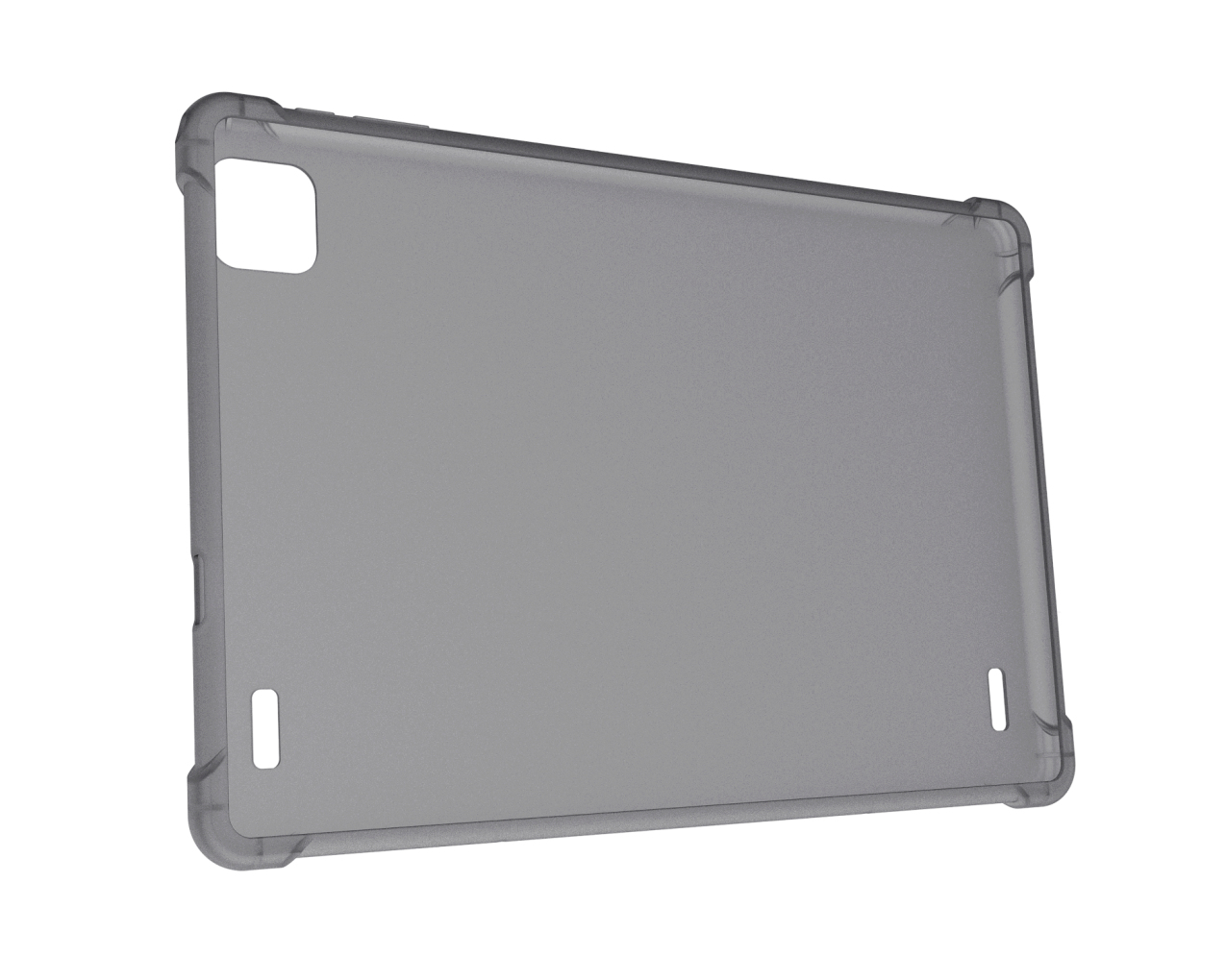 Una funda de silicona gris para tableta con recorte para cámara y esquinas reforzadas sobre fondo blanco.
