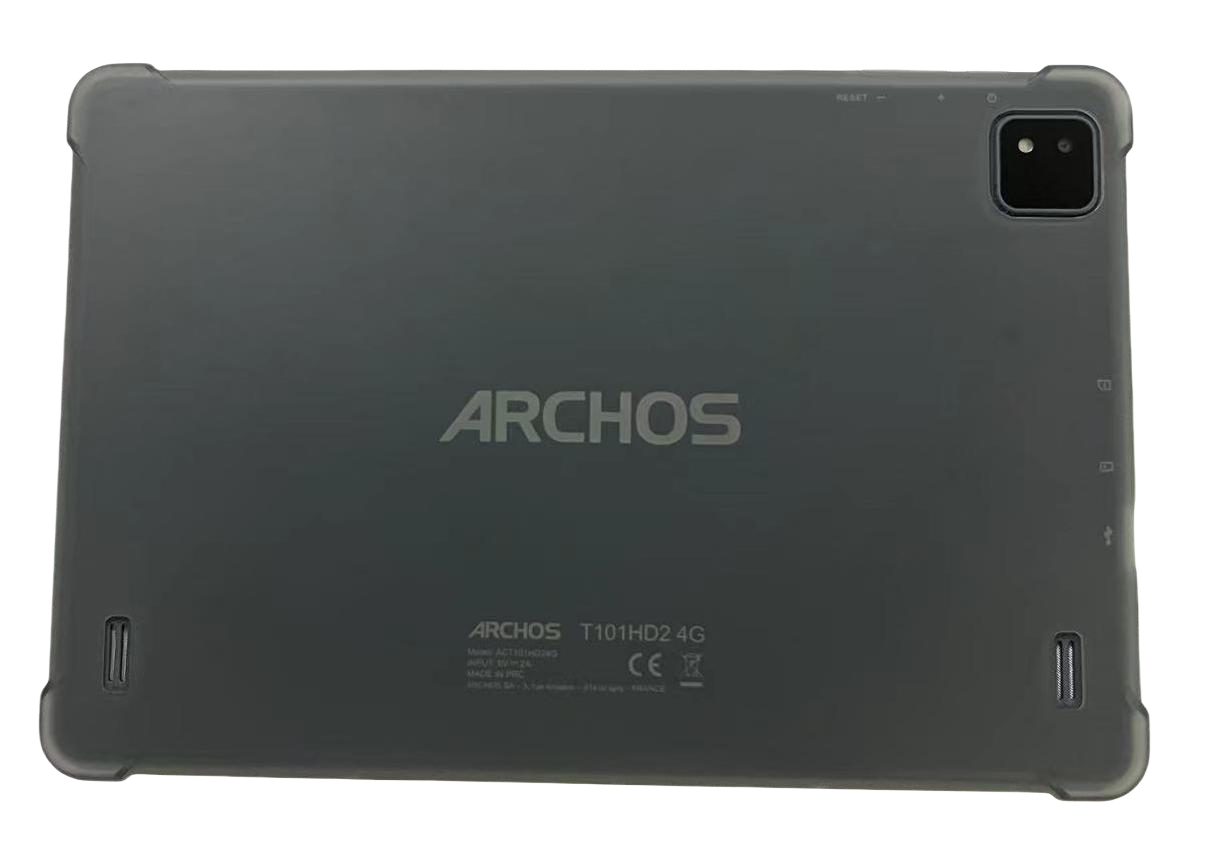 Parte trasera de una tablet Archos gris en funda protectora con cámara y altavoces.