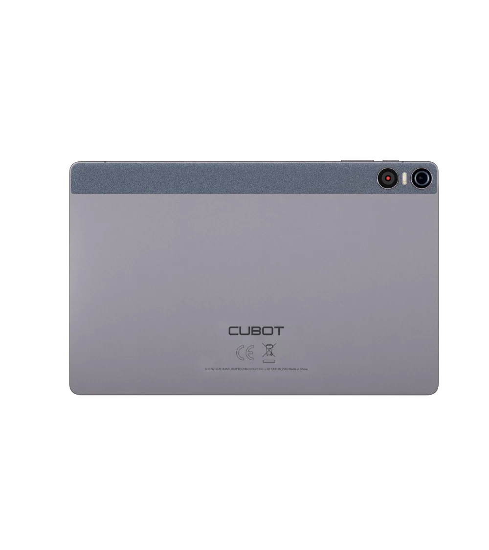 La parte trasera de una tablet gris Cubot con dos cámaras, un flash e iconos impresos.