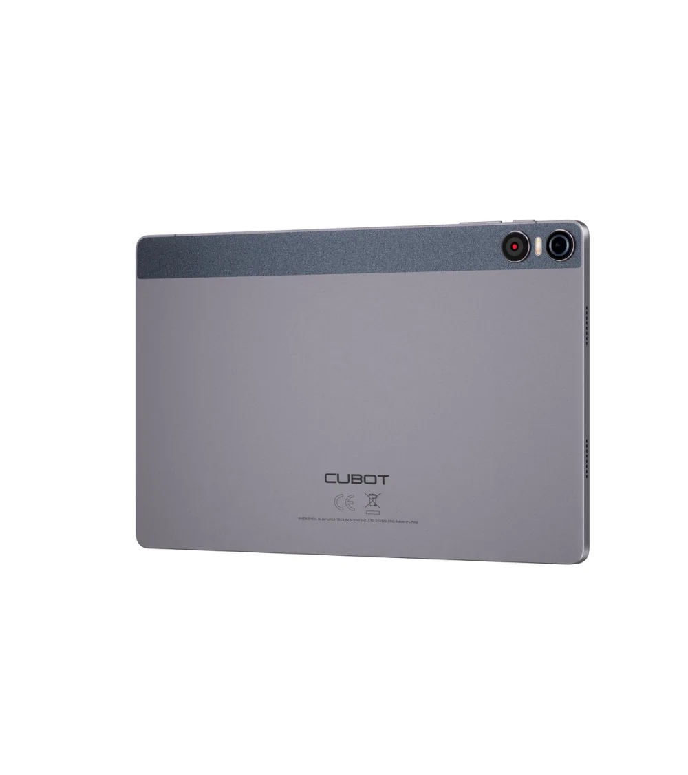 La parte trasera de una tablet gris Cubot con dos cámaras arriba a la derecha.