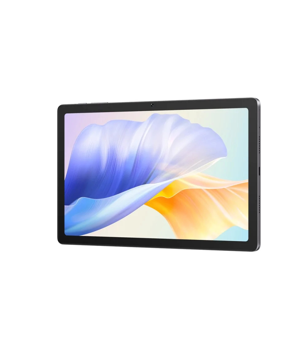 Una tableta con marco oscuro muestra un fondo de pantalla colorido de olas azules y naranjas.
