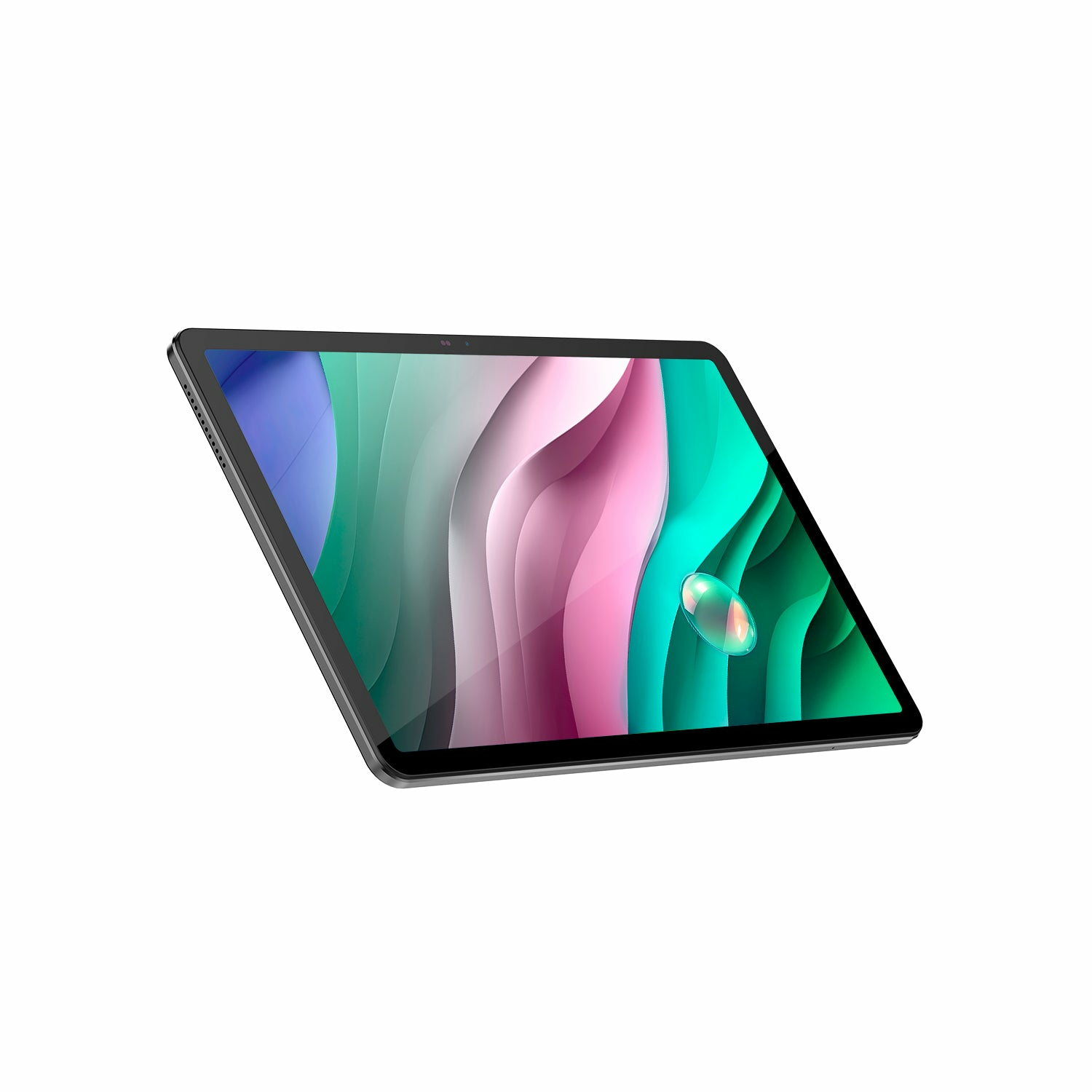 Una tableta negra inclinada hacia adelante muestra un fondo de pantalla de ondas abstractas coloridas.