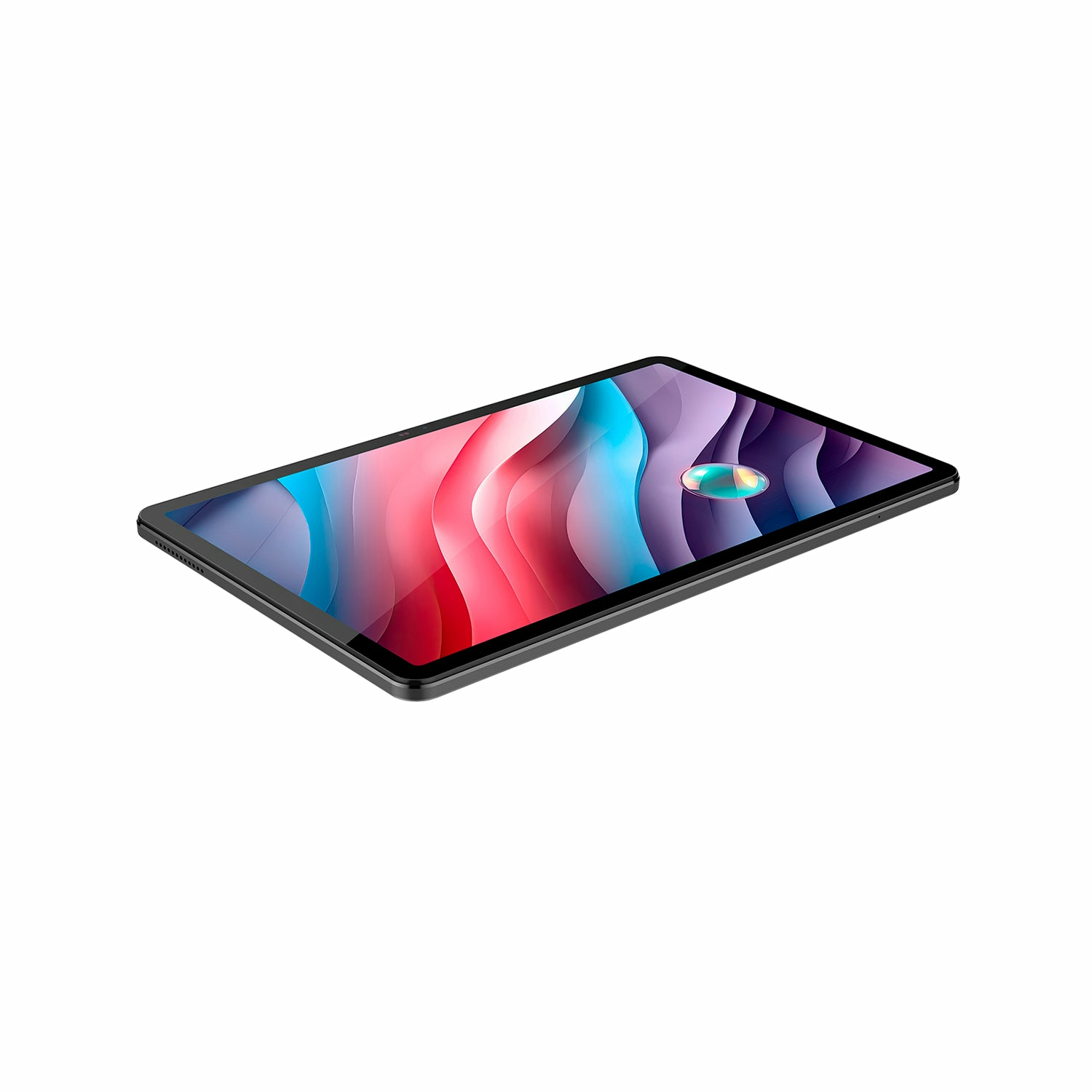 Una tablet negra en ángulo muestra un fondo de pantalla abstracto y colorido con una burbuja.