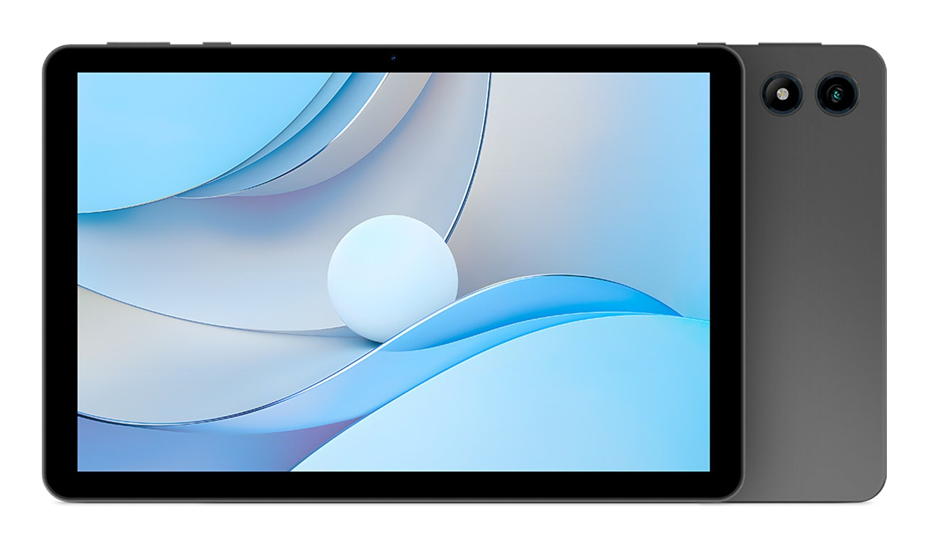 Una tableta gris oscuro con fondo abstracto azul y dos cámaras traseras.