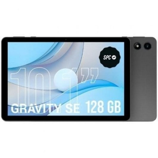 Una tablet gris SPC Gravity SE que muestra 10.1 pulgadas y 128 GB en su pantalla.