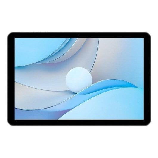 Una tableta negra muestra en su pantalla un patrón de ondas abstracto azul y blanco con una esfera blanca.