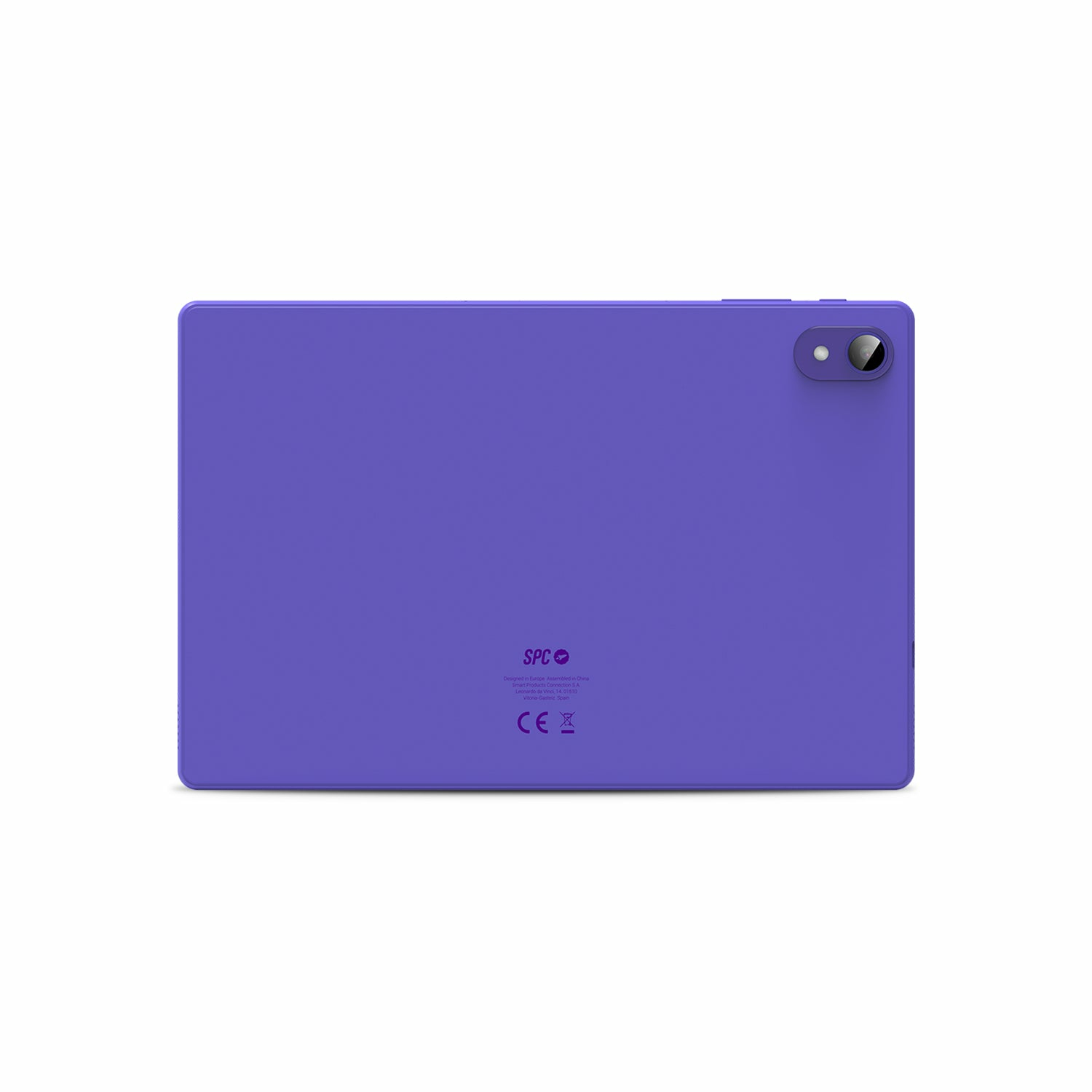Parte trasera de una tableta morada con cámara arriba a la derecha y logo en el centro.