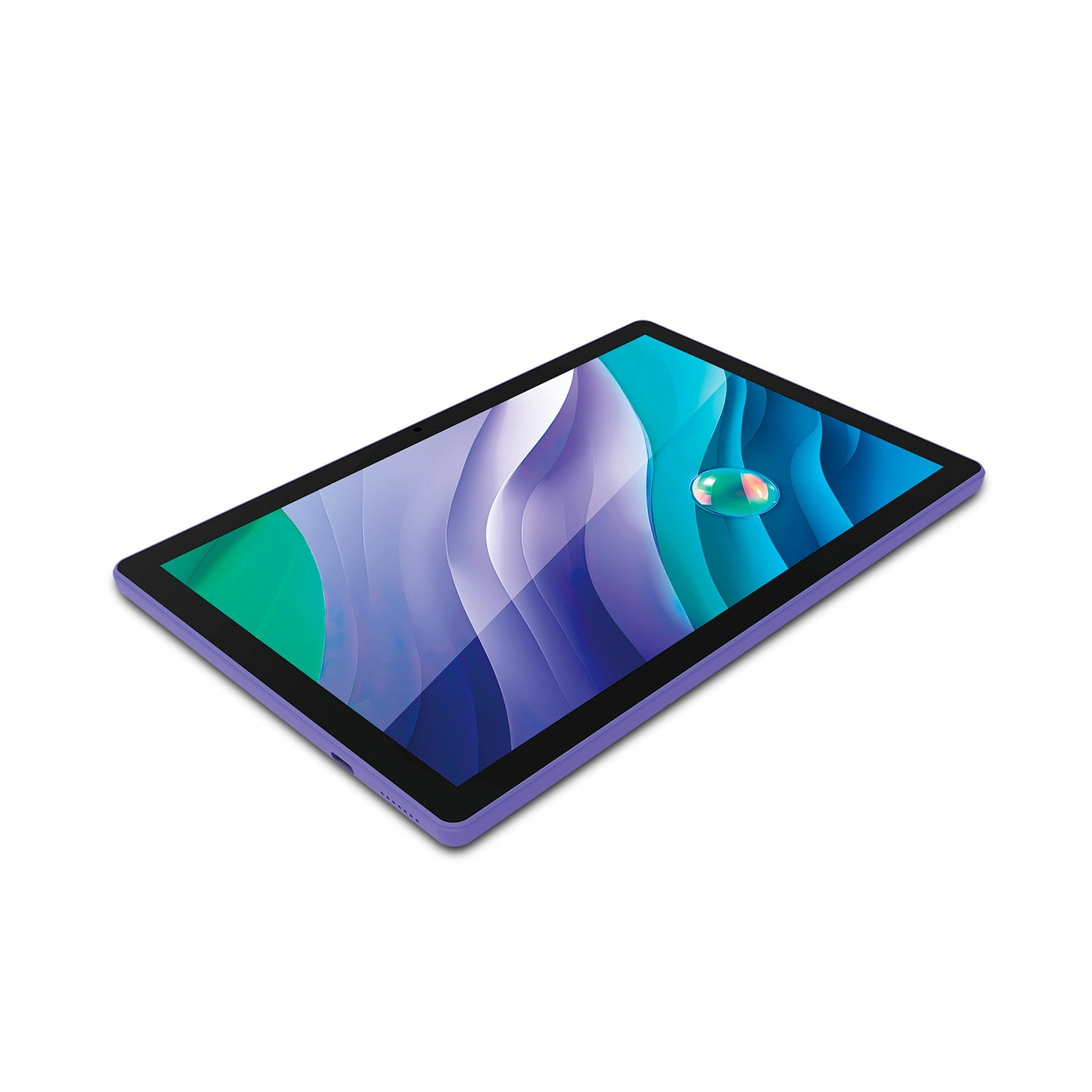 Una tableta morada con fondo abstracto colorido y una gota de agua en la pantalla sobre un fondo blanco.