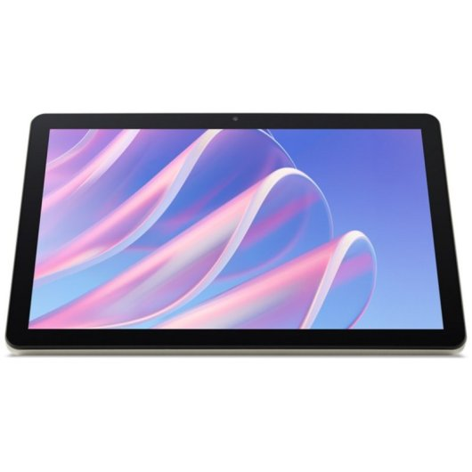 Una tableta con marco negro muestra un fondo de pantalla abstracto azul y rosa sobre fondo blanco.