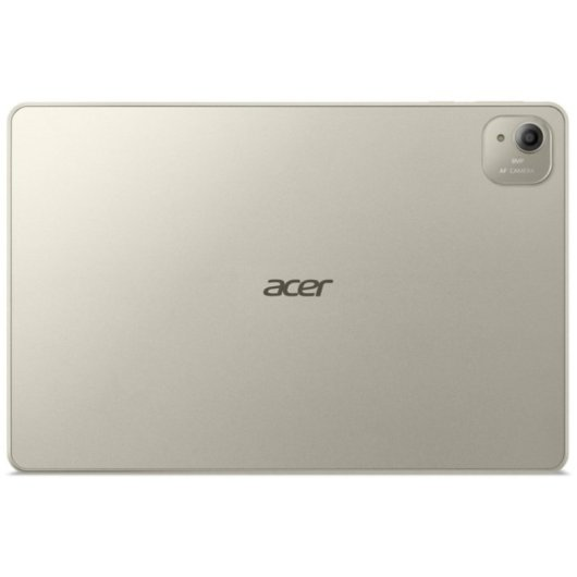 Parte trasera de una tablet Acer plateada con una cámara arriba a la derecha.