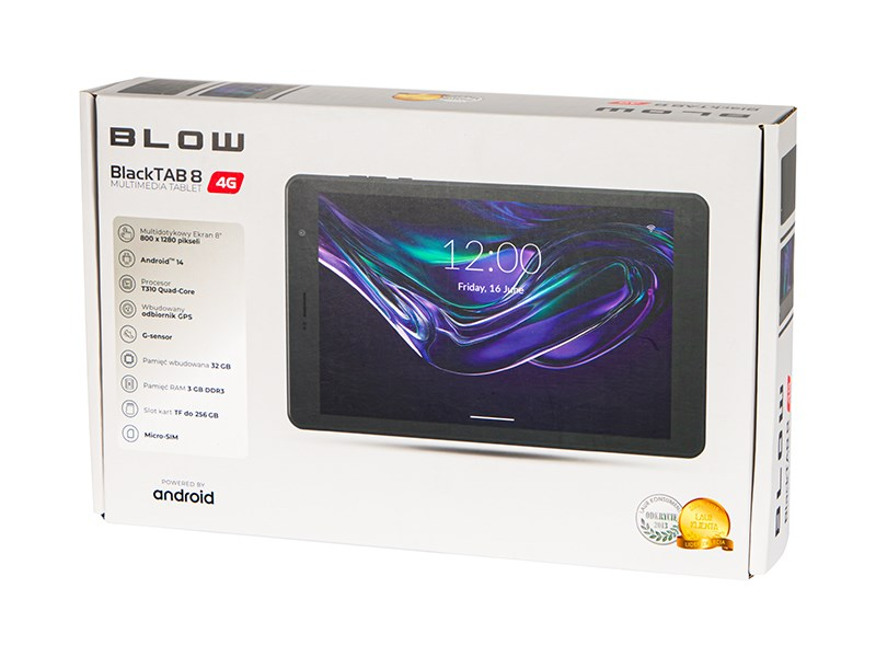 Una scatola di imballaggio bianca per il tablet Blow BlackTab 8 4G con l'immagine del dispositivo sul davanti.
