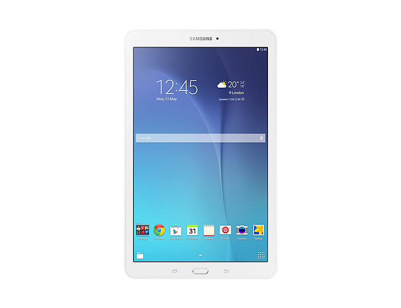 Un tablet Samsung bianco con schermata iniziale blu e applicazioni.