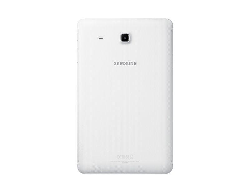 Il retro di un tablet Samsung bianco con fotocamera in alto e logo al centro.