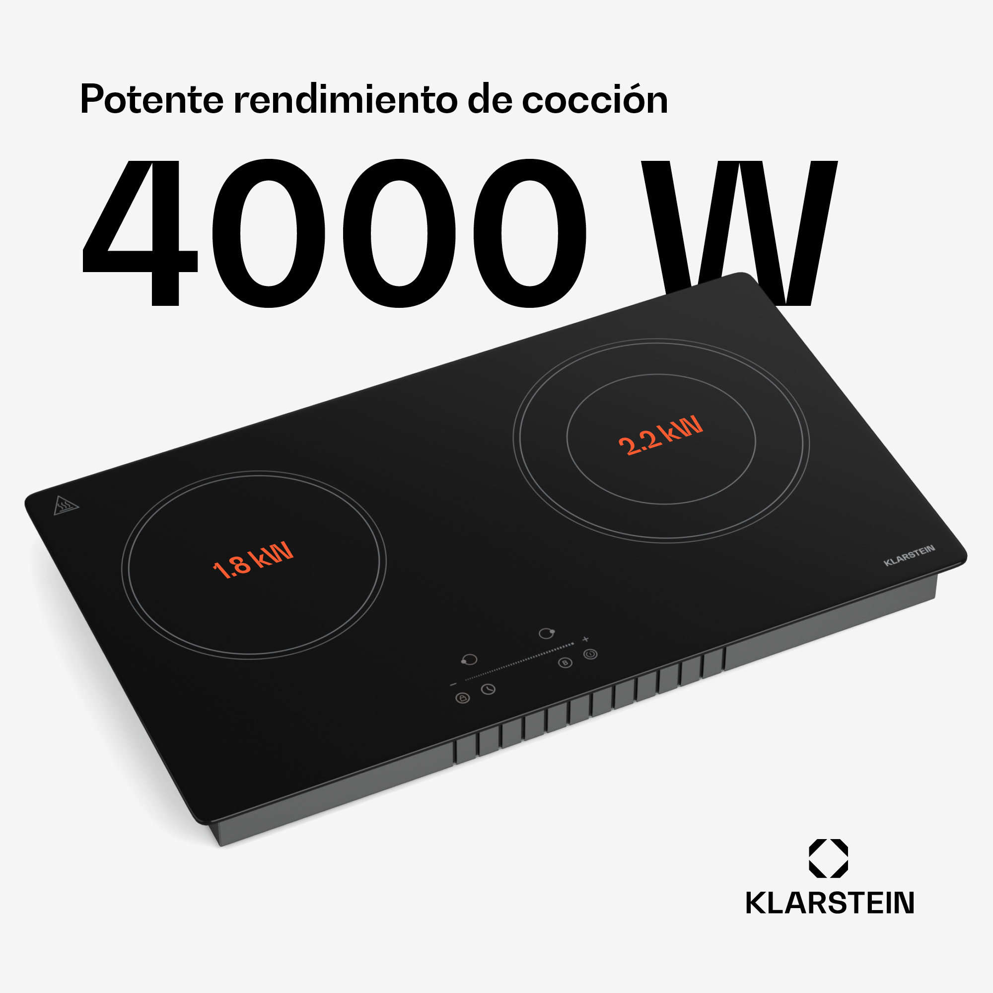 Schwarzes Doppel-Induktionskochfeld mit 4000W Leistung, Touch-Bedienung und Klarstein-Logo.