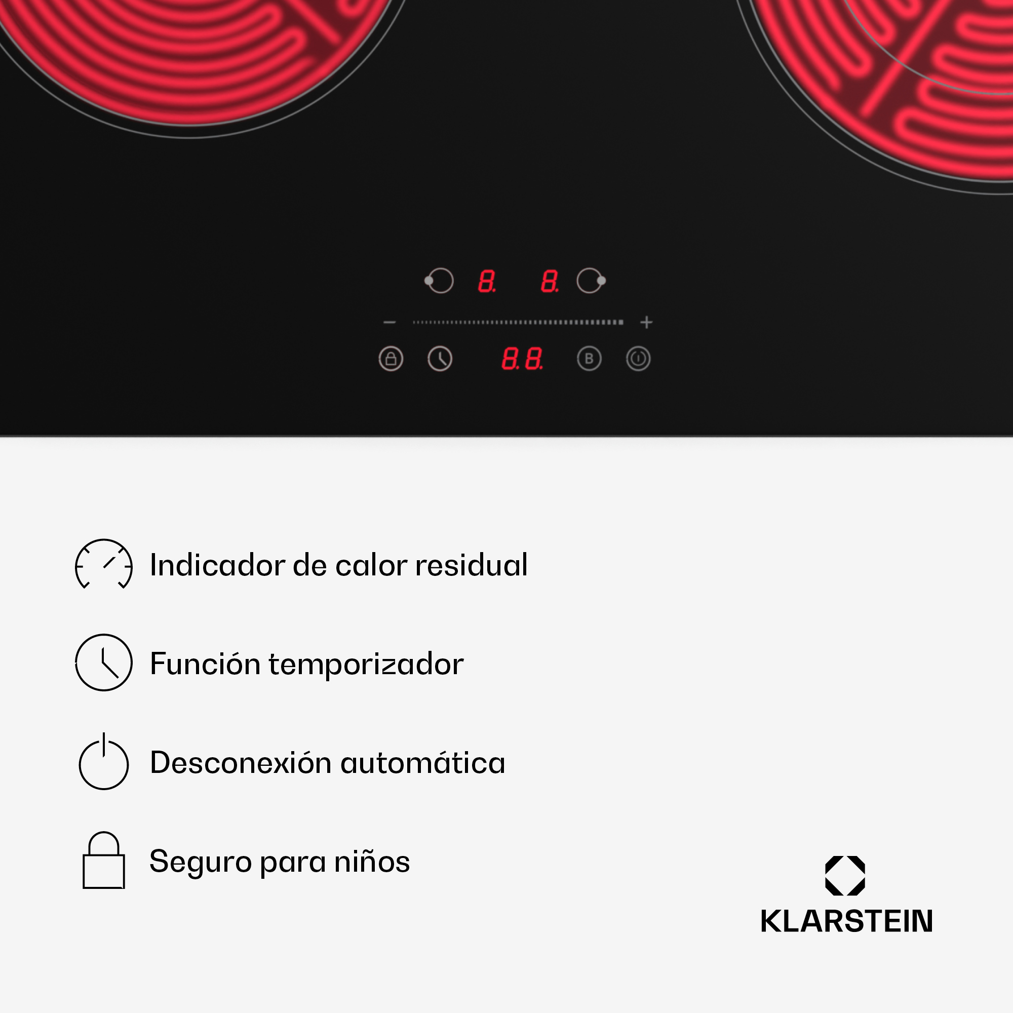 Klarstein Kochfeld mit Touch-Steuerung und Funktionen wie Timer, Kindersicherung und Restwärmeanzeige.