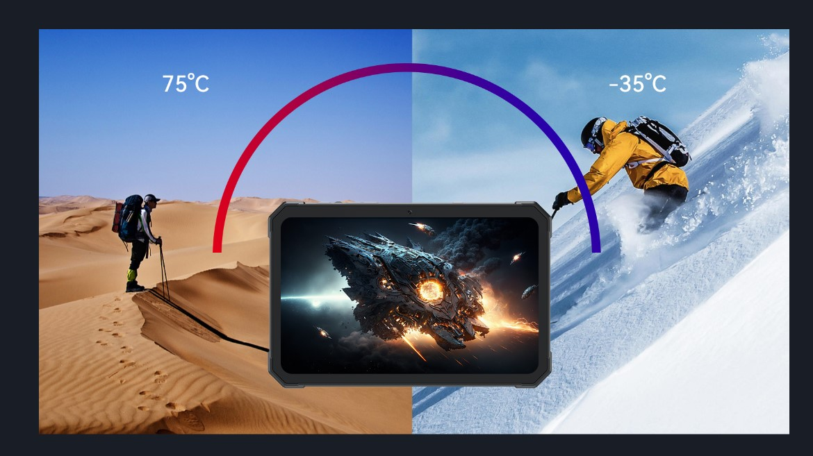 Ein robustes Tablet zwischen einer Wüste mit 75°C und einer Schneelandschaft mit -35°C.