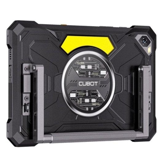Ein schwarzes robustes Cubot-Tablet mit Griff auf der Rückseite, gelben Akzenten und kreisförmigem Muster.