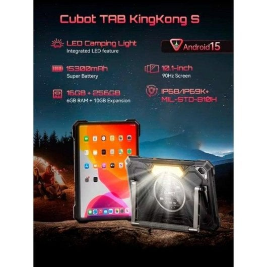 Werbebild für das Cubot TAB KingKong S Tablet mit technischen Daten vor einer nächtlichen Campinglandschaft.
