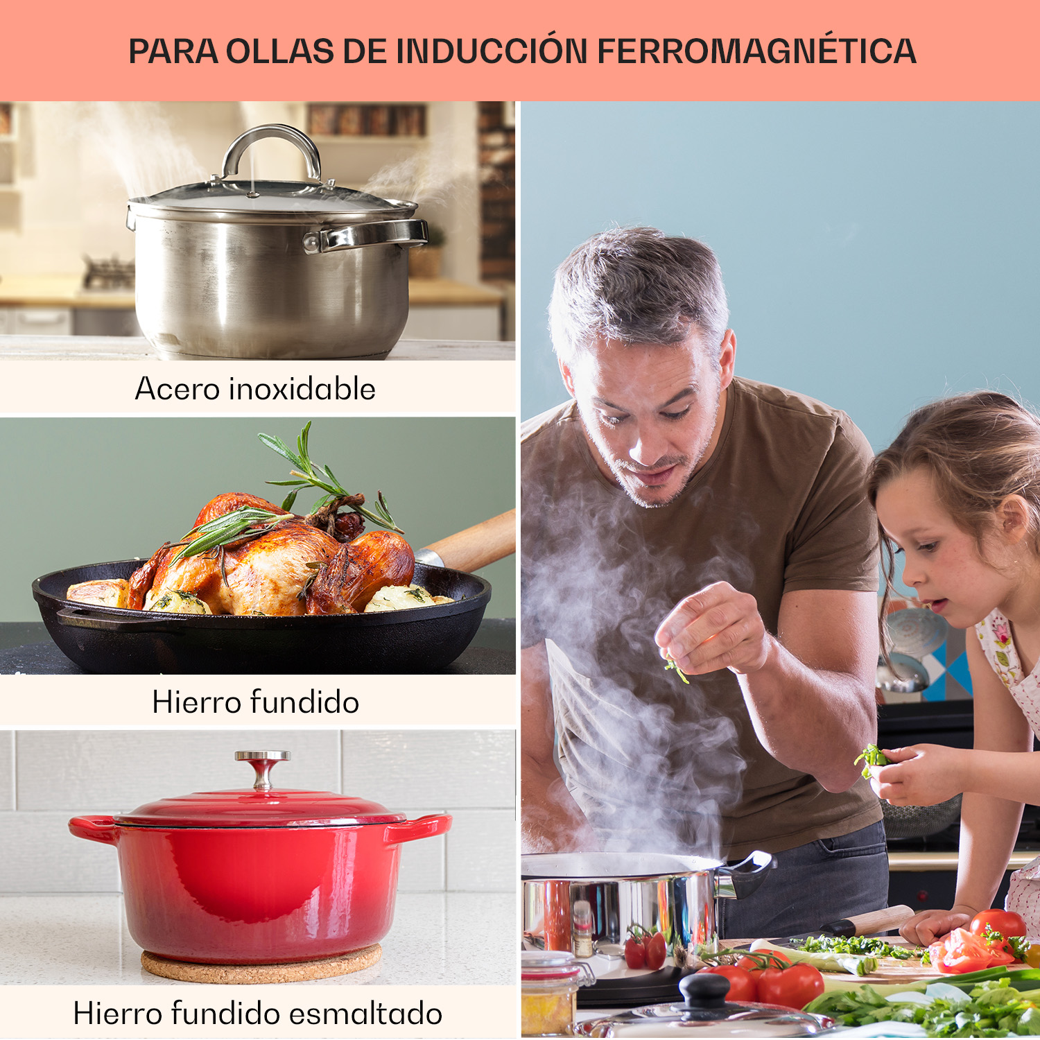 Ein Mann und Kind kochen zusammen neben Bildern von Töpfen aus Edelstahl, Gusseisen und Emaillie.